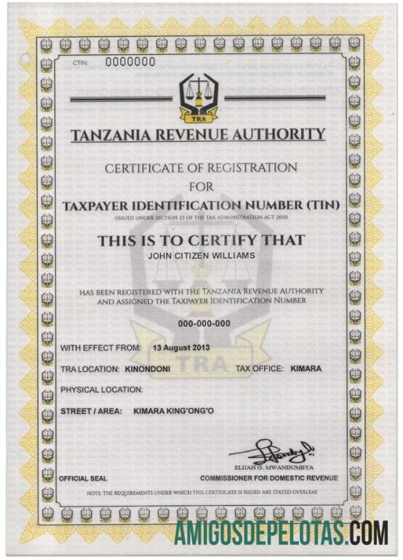 Certificado de Registro do Número de Identificação de Contribuinte (TIN) da TANZÂNIA amostra